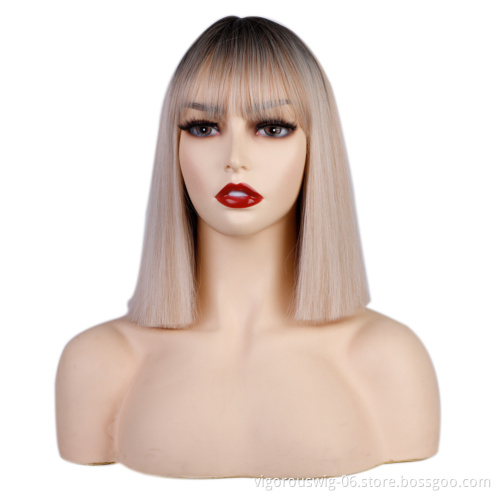 Ombre Highlight blonde Bob Cut Wigs with Bangs for Women 12inch Straight Short Hair Synthetic Heat Resistant colorful Natural